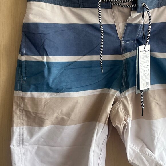 NWT Surf Cuz Men's Board Shorts Sz 30 Striped Print Blue Tan Swim Trunks Pocket - Picture 2 of 8